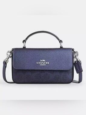 Coach Mini Josie Top Handle Bag In Signature coated canvas, Silver/Blue/Navy New